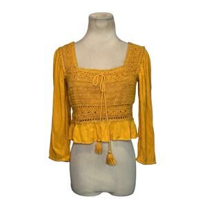American Eagle mustard yellow crochet boho blouse size XS